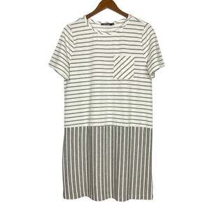 Doe & Rae White Gray Stripe Jersey Knit Soft Casual Comfy Summer Shift Dress